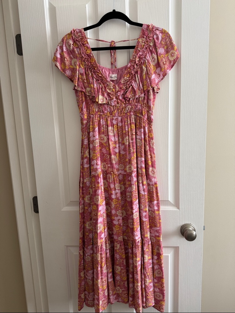 Floral pinks /butter yellow calf length w pockets cotton dress, ruffle sleeve